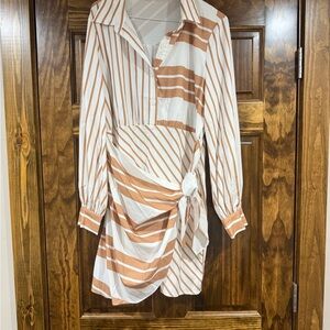 Petal & Pup White and Tan Striped Tie-Waist Shirt Dress